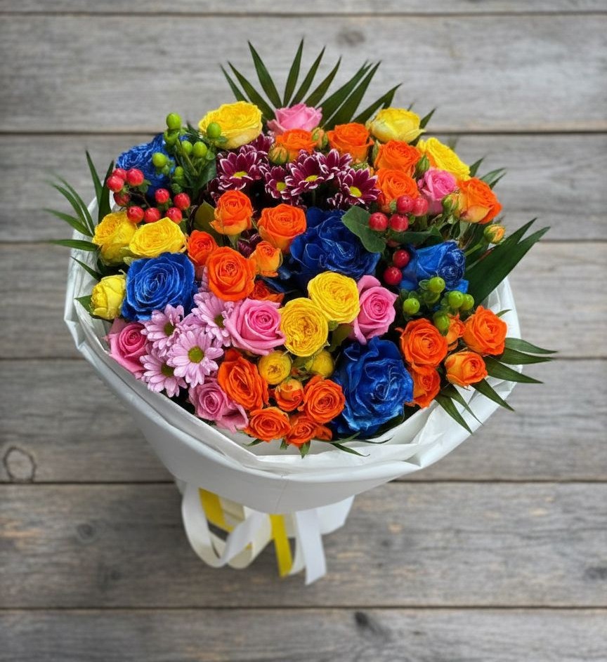 Букет цветов из: Розы и Хризантемы в поселке Медико-Инструментального завода