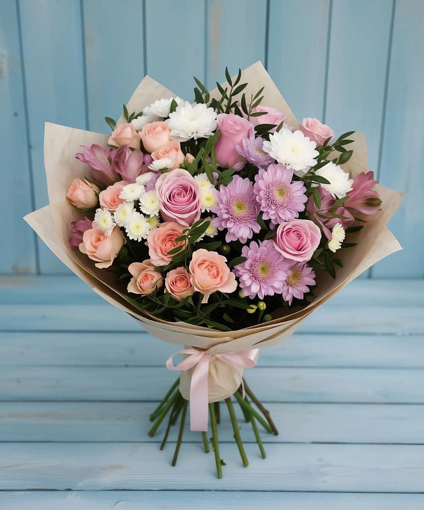 Букет цветов из: Хризантемы, Розы и Альстромерии в поселке Медико-Инструментального завода