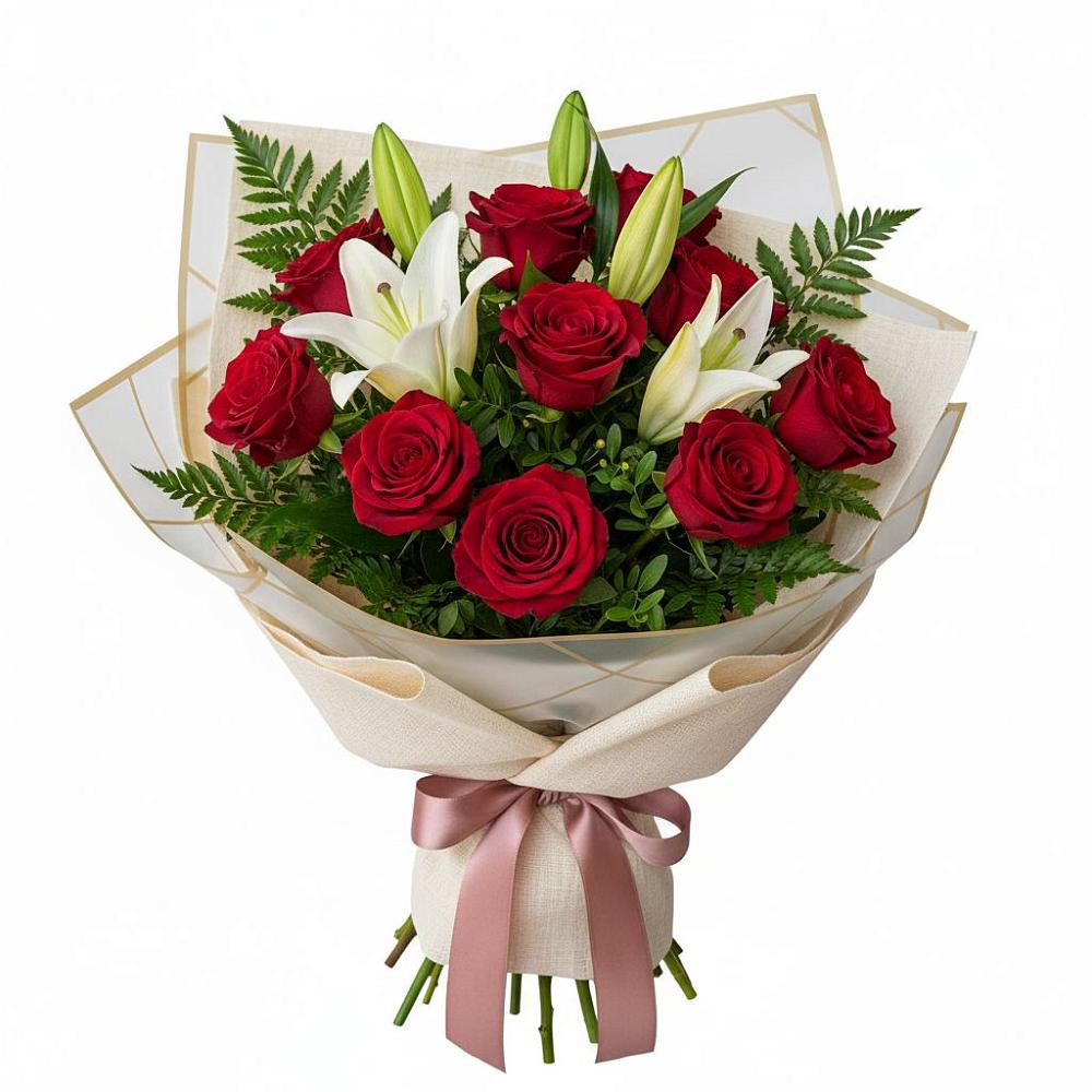 Букет цветов из: Лилии и Розы в поселке Медико-Инструментального завода