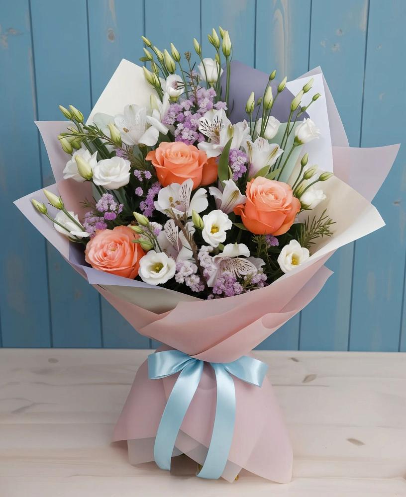 Букет цветов из: Лизиантусы, Розы, Альстромерии и Гипсофила в поселке Медико-Инструментального завода