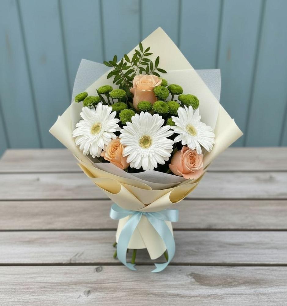 Букет цветов из: Герберы, Розы и Хризантемы в поселке Медико-Инструментального завода