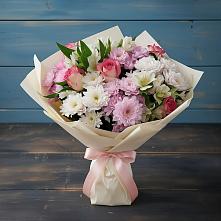 Букет цветов из:  Хризантемы, Альстромерии и Розы в поселке Медико-Инструментального завода