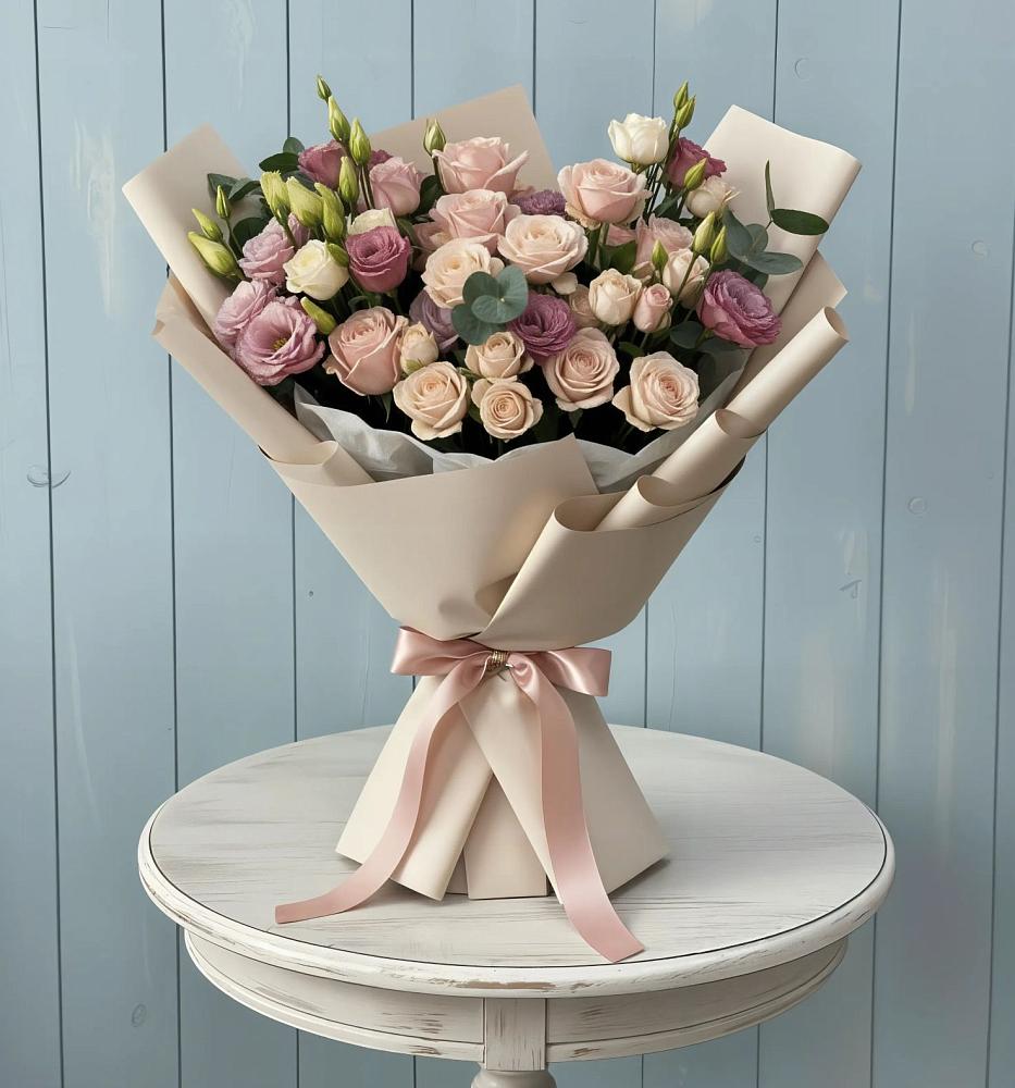 Букет цветов из: Розы и Лизиантусы в поселке Медико-Инструментального завода