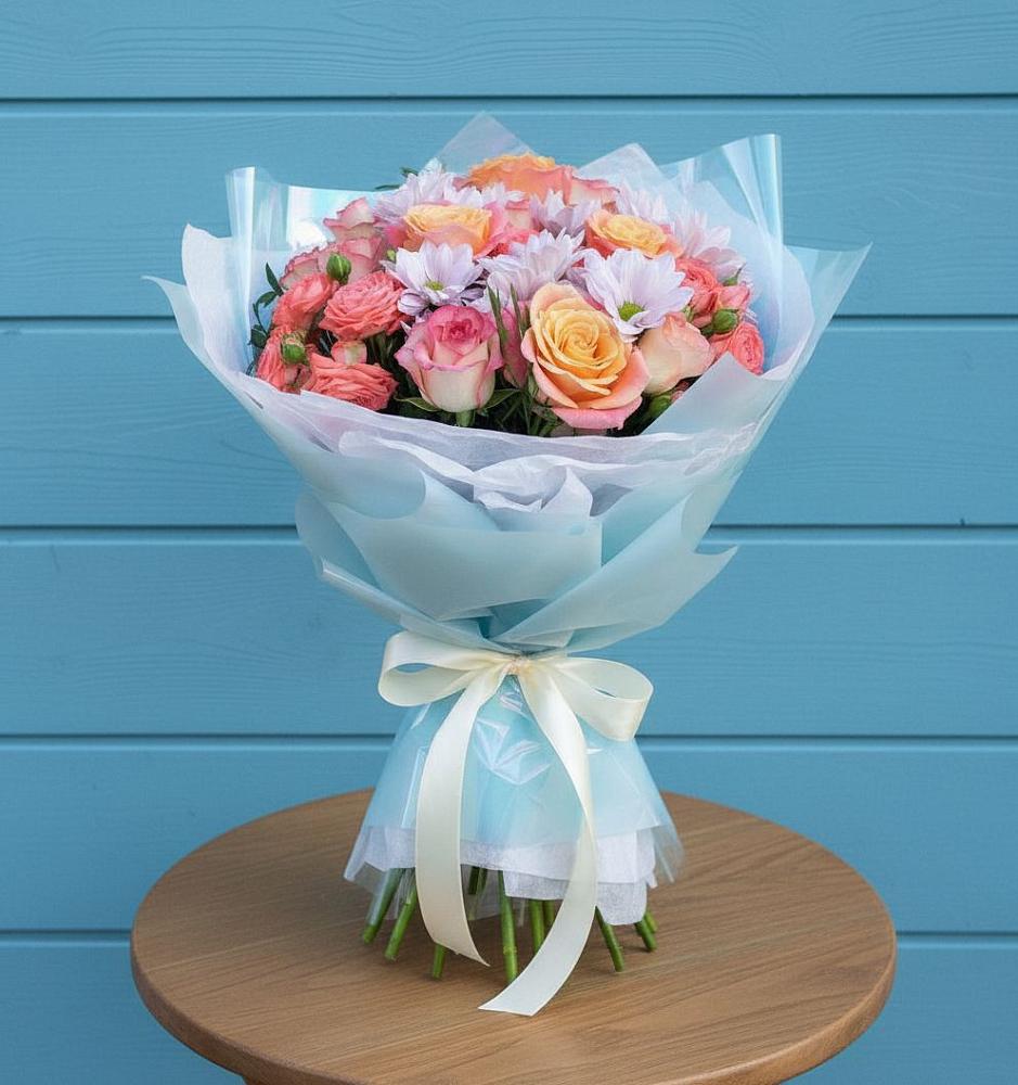 Букет цветов из: Хризантемы и Розы в поселке Медико-Инструментального завода