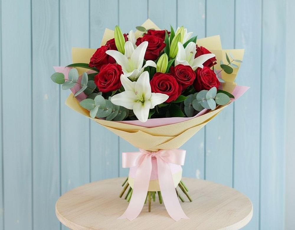 Букет цветов из: Лилии и Розы в поселке Медико-Инструментального завода